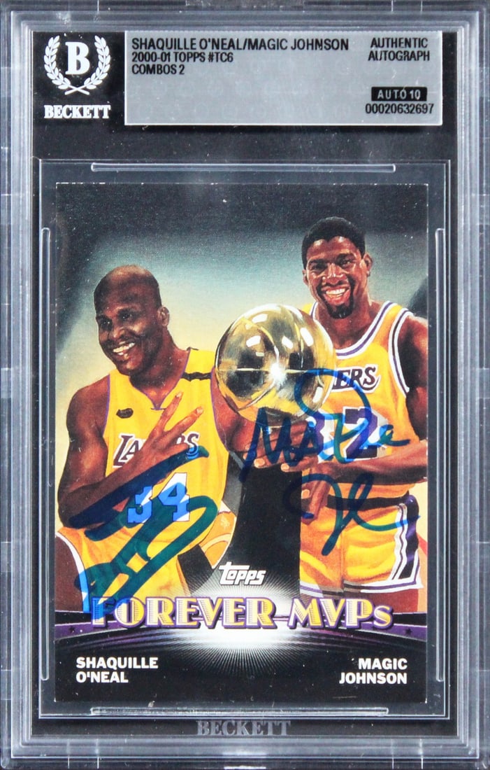 2000 Topps Combos #TC6 Beckett Auto 10 Card Signed by Shaq and Magic Johnson: 2000 Topps Combos #TC6 Beckett Auto 10 Card Signed by Shaq and Magic Johnson Original 2000 Topps Combos 2 #TC6 basketball card signed by Shaquille O'Neal and Magic Johnson. The card is slabbed by Beck