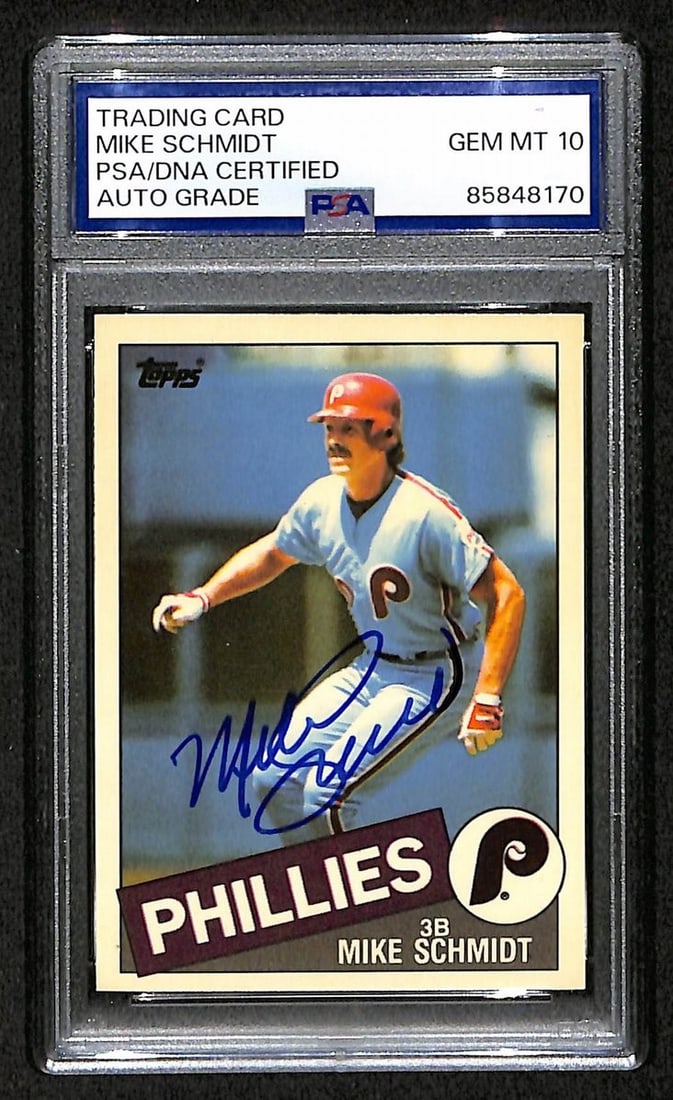 PSA DNA 10 signed 1985 Topps Tiffany 500 Mike Schmidt card: PSA DNA 10 signed 1985 Topps Tiffany 500 Mike Schmidt card Original Mike Schmidt 1985 Topps Tiffany Card #500, signed and graded PSA/DNA 10. This baseball collectible is associated with the Philadelph
