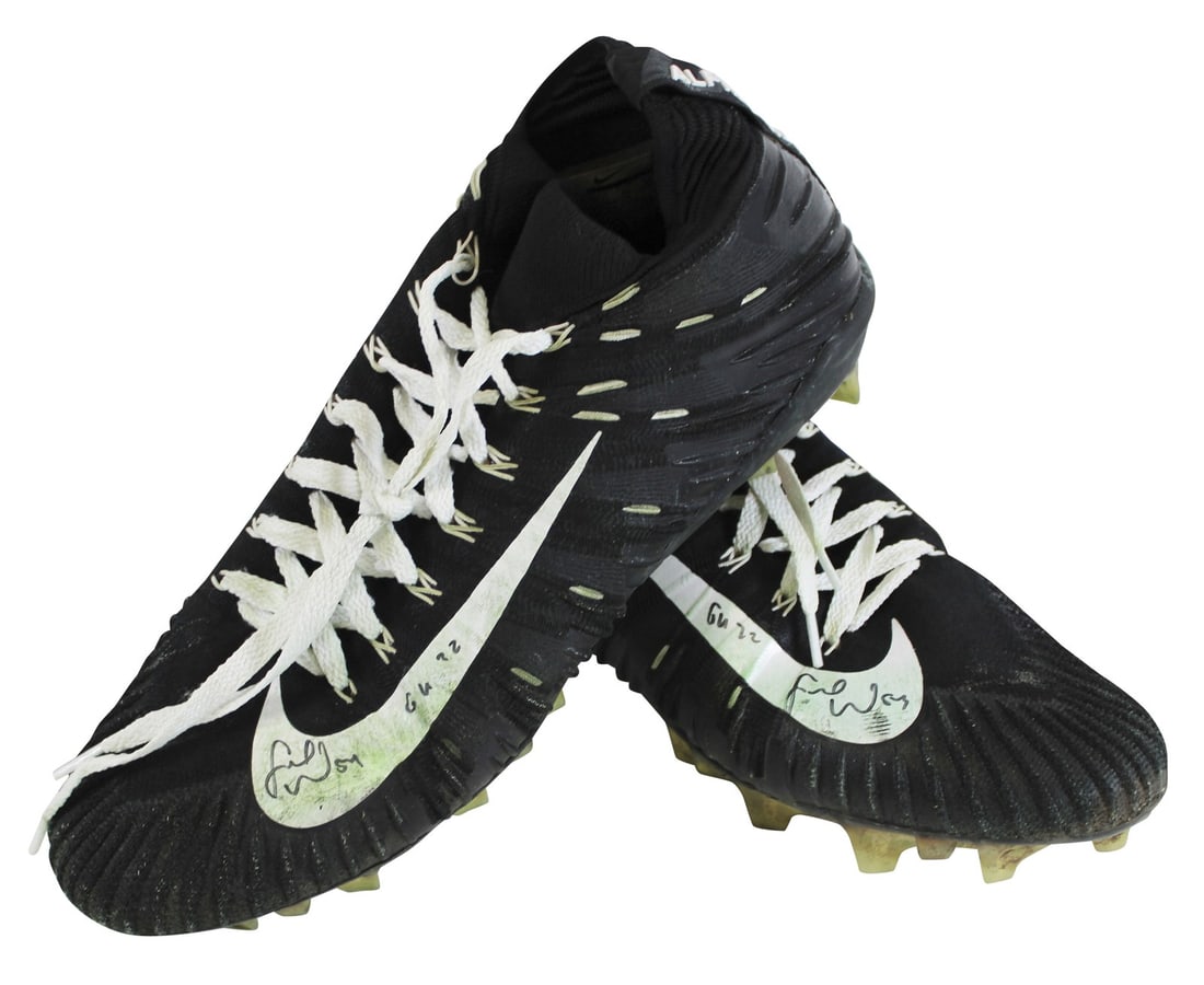 Fred Warner autographed Nike Alpha Menace game worn cleats size 12 BAS: Fred Warner autographed Nike Alpha Menace game worn cleats size 12 BAS Autographed game-worn Nike Alpha Menace cleats personally signed by Fred Warner and inscribed "GU 22." This pre-owned pair is ass