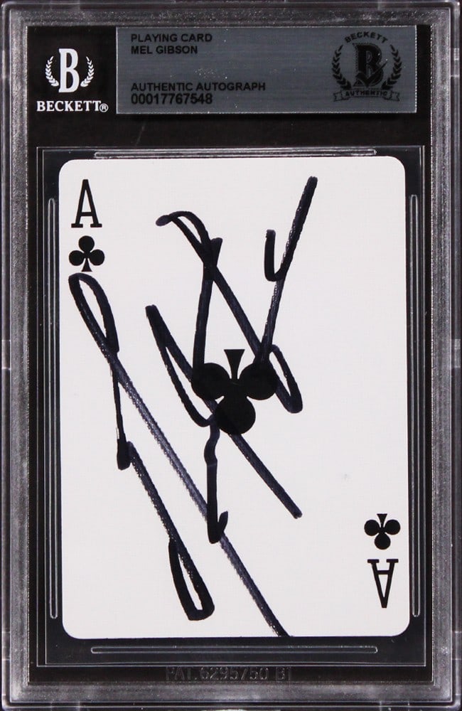 Mel Gibson Signed Maverick Ace of Clubs Card Beckett Authenticated Slab: Mel Gibson Signed Maverick Ace of Clubs Card Beckett Authenticated Slab This is an original Ace of Clubs card that has been personally signed by Mel Gibson, known for his role in Maverick. The card is
