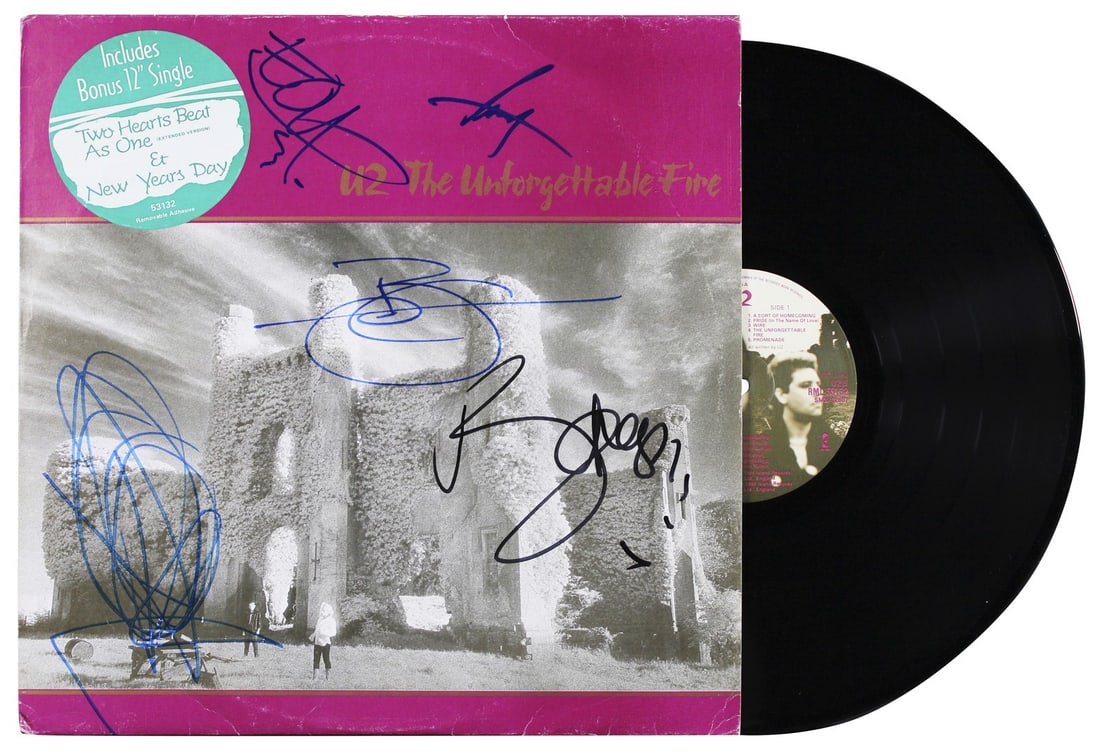 U2 The Unforgettable Fire album cover with vinyl signed by 5 Beckett: U2 The Unforgettable Fire album cover with vinyl signed by 5 Beckett Autographed original record presentation featuring The Unforgettable Fire album cover with vinyl, personally signed by Bono, The Ed