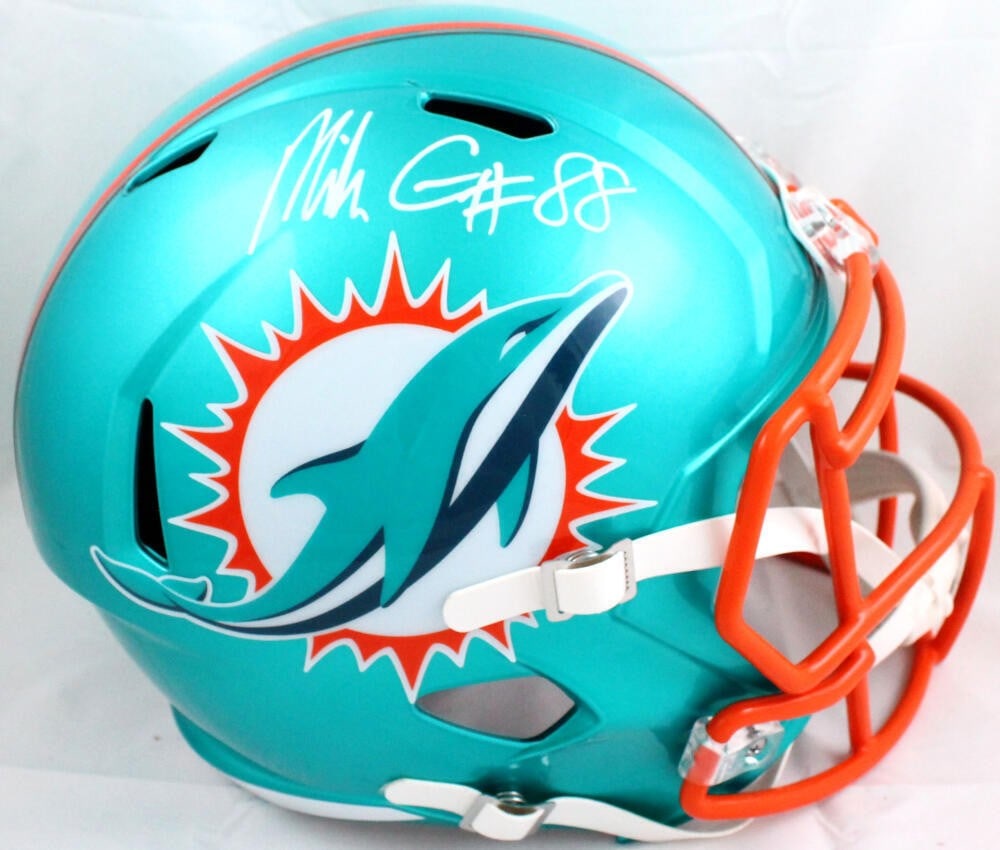 Miami Dolphins Flash Speed Full Size Helmet Signed by Mike Gesicki Beckett: Miami Dolphins Flash Speed Full Size Helmet Signed by Mike Gesicki Beckett Pre-owned full-size Flash Speed football helmet autographed by Mike Gesicki and featuring Miami Dolphins team styling. Becket