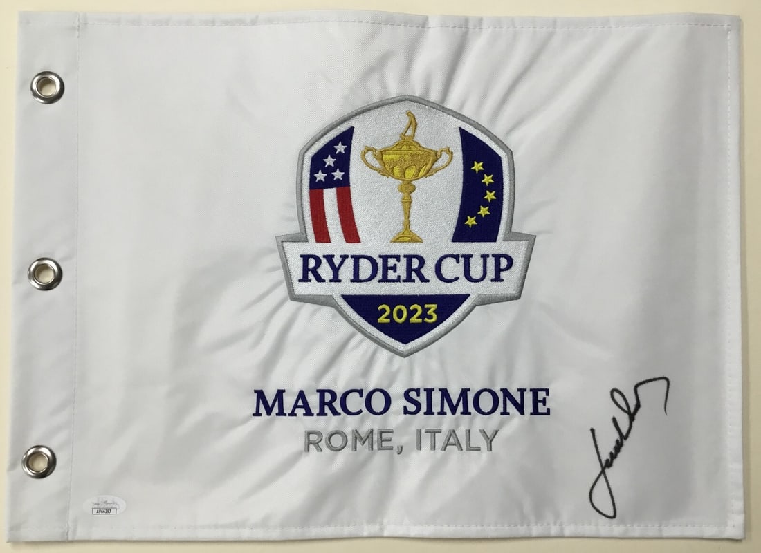 Jordan Spieth Signed 2023 Ryder Cup Flag JSA Authenticated: Jordan Spieth Signed 2023 Ryder Cup Flag JSA Authenticated Celebrate the thrilling moments of the 2023 Ryder Cup with this official pin flag signed by PGA star Jordan Spieth. This unique collectible i