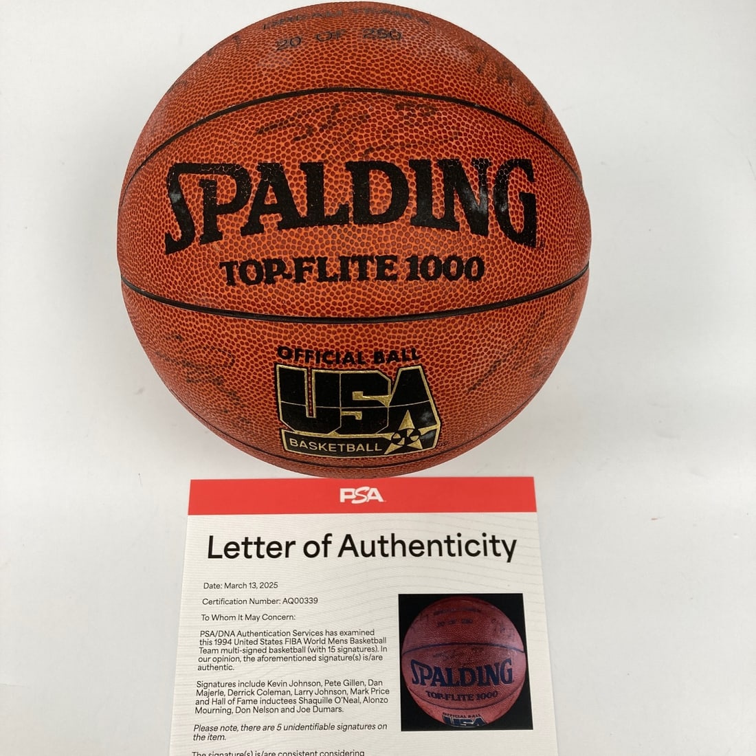 Spalding USA Basketball Dream Team II Signed Ball PSA DNA LOA: Spalding USA Basketball Dream Team II Signed Ball PSA DNA LOA Original Spalding USA basketball signed by members of the 1994 Dream Team II USA Men's Basketball team. This limited edition ball is stamp