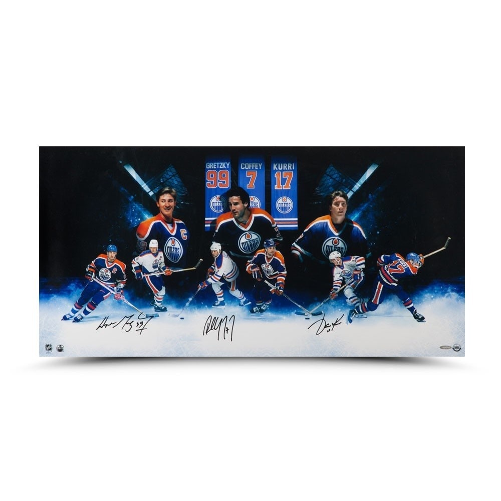 Upper Deck authenticated 18X36 Oilers photo signed by Gretzky Coffey Kurri: Upper Deck authenticated 18X36 Oilers photo signed by Gretzky Coffey Kurri Original 18x36 Edmonton Oilers photo signed by Wayne Gretzky, Paul Coffey, and Jari Kurri. This autographed piece features th