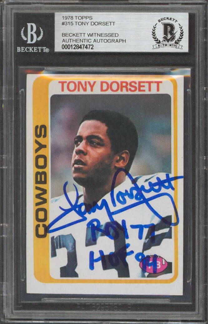 1978 Topps #315 Tony Dorsett Rookie Card Signed BAS Slab ROY 77 HOF 94: 1978 Topps #315 Tony Dorsett Rookie Card Signed BAS Slab ROY 77 HOF 94 Autographed 1978 Topps #315 rookie card featuring Tony Dorsett of the Dallas Cowboys, with the inscription "ROY 77, HOF 94." The 