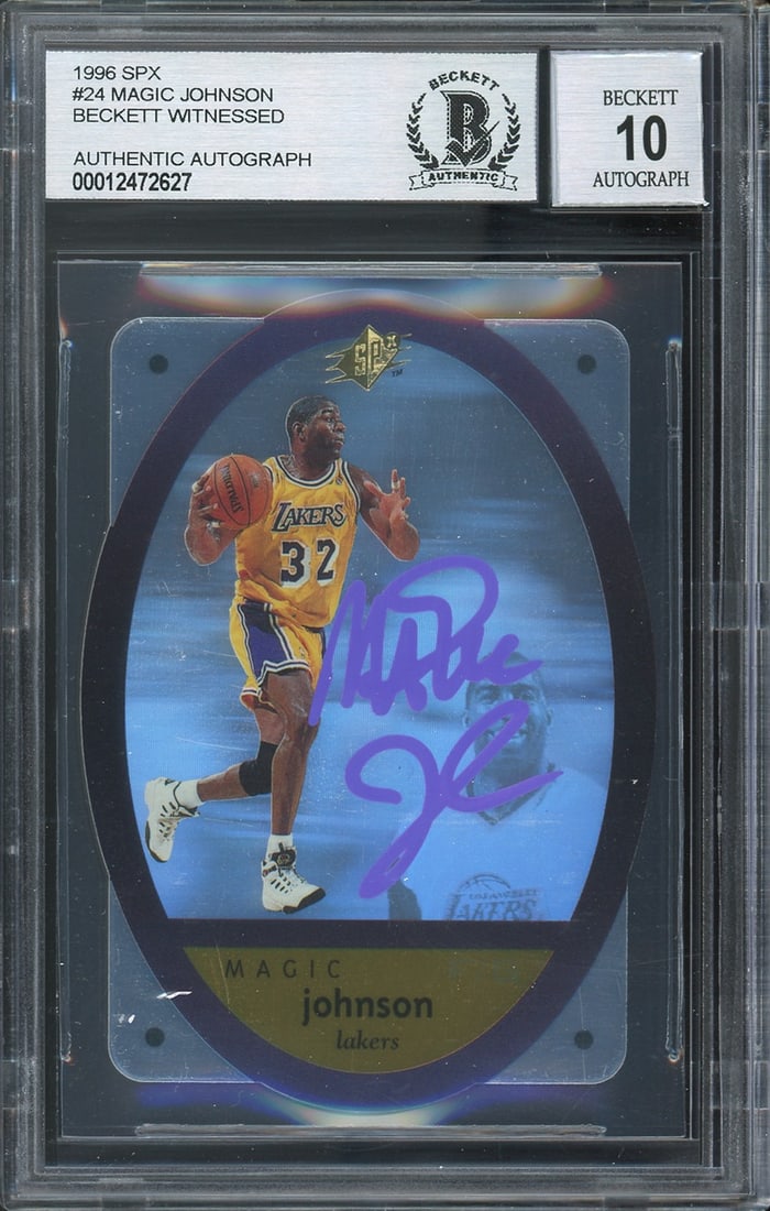 Beckett Authenticated Magic Johnson 1996 SPX 24 Autographed Lakers Card: Beckett Authenticated Magic Johnson 1996 SPX 24 Autographed Lakers Card Original 1996 SPX #24 basketball card signed by Magic Johnson of the Los Angeles Lakers. The autograph has been graded Gem Mint 