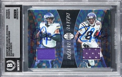 2024 Panini Illusions Deja Vu Jerseys Red DVMIN Card Moss Jefferson BAS: 2024 Panini Illusions Deja Vu Jerseys Red DVMIN Card Moss Jefferson BAS A 2024 Panini Red #DVMIN card signed by Randy Moss and Justin Jefferson. The card is slabbed by Beckett Authentication Services 