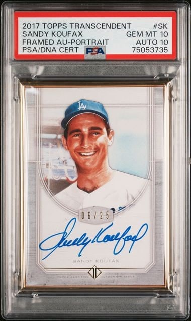 Sandy Koufax 2017 Topps Transcendent Framed Portrait PSA 10 Auto 06/25: Sandy Koufax 2017 Topps Transcendent Framed Portrait PSA 10 Auto 06/25 This is a 2017 Topps Transcendent Framed Portrait card featuring baseball legend Sandy Koufax. The card is part of a limited edit