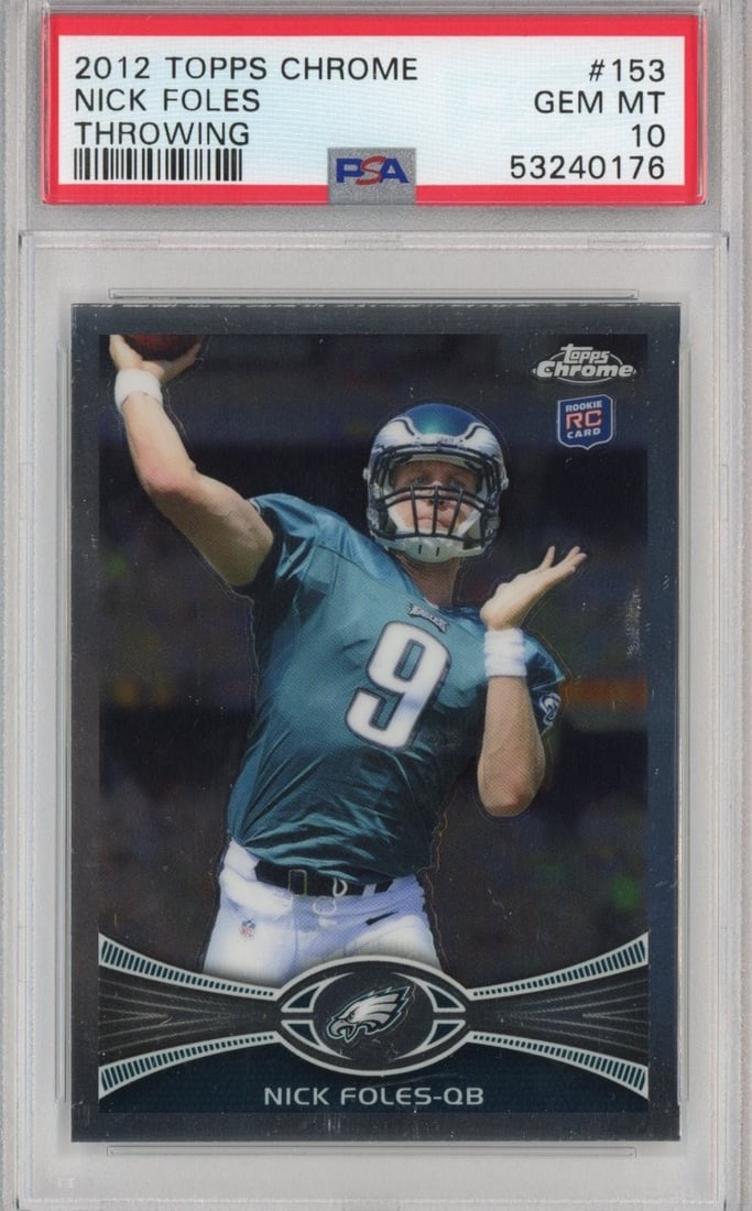 PSA 10 Nick Foles 2012 Topps Chrome #153 Rookie Throwing Card: PSA 10 Nick Foles 2012 Topps Chrome #153 Rookie Throwing Card Graded 2012 Topps Chrome Nick Foles #153 Throwing rookie card. This sports trading card features Nick Foles of the Philadelphia Eagles and