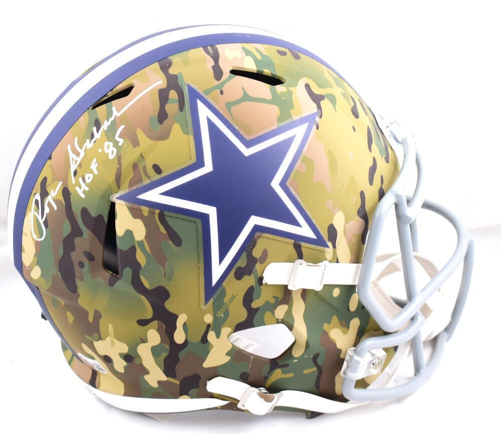 Roger Staubach signed full size camo Speed helmet Cowboys BAS HOF inscription: Roger Staubach signed full size camo Speed helmet Cowboys BAS HOF inscription Pre-owned full-size camo Speed helmet autographed by Roger Staubach and featuring a Hall of Fame inscription. This Dallas 