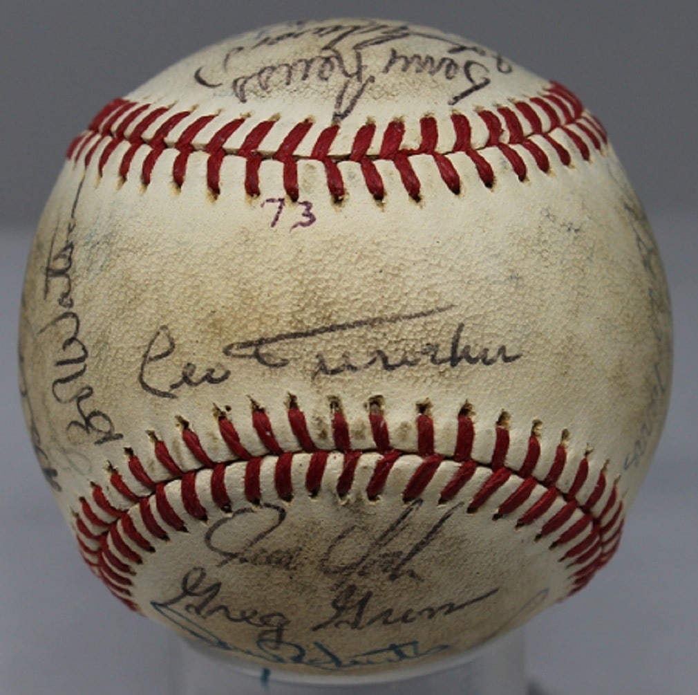 Autographed 1973 ONL Baseball With 27 Signatures Including Leo Durocher (1 of 6)