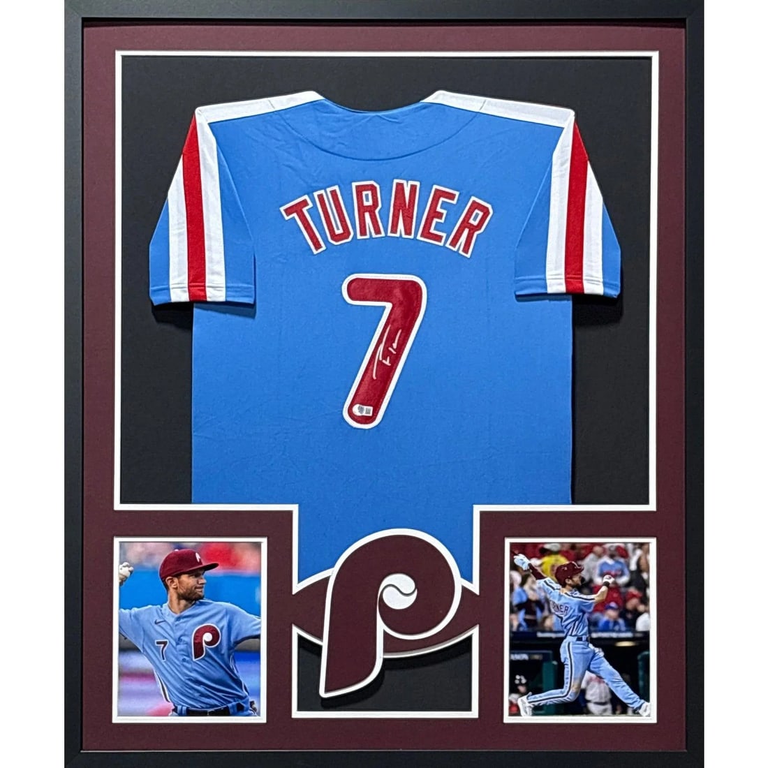 Framed Philadelphia Phillies Trea Turner Autographed Jersey Beckett: Framed Philadelphia Phillies Trea Turner Autographed Jersey Beckett Framed blue Philadelphia Phillies jersey signed by Trea Turner. This autographed display includes detailed framing with a logo prese