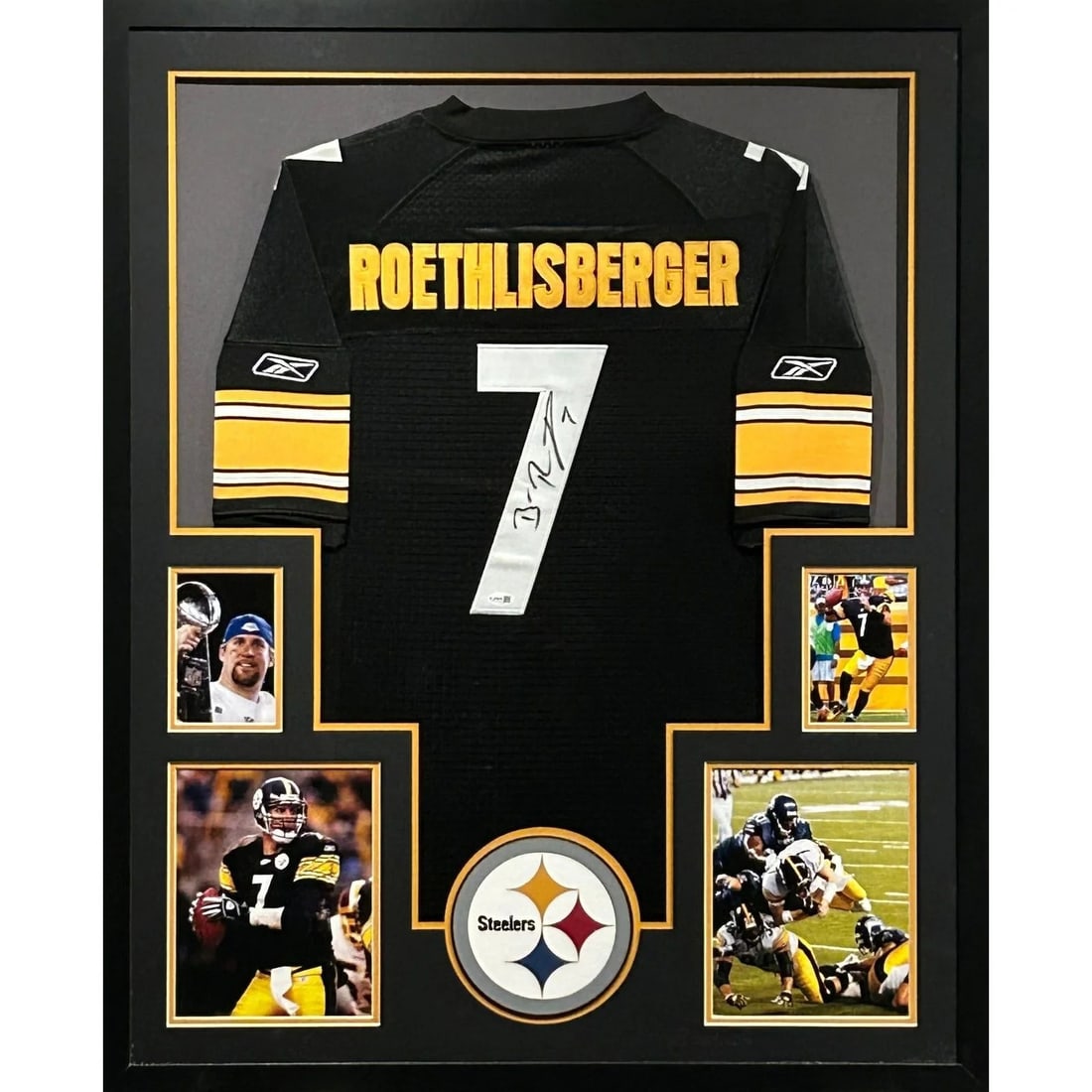 Framed Pittsburgh Steelers Jersey Signed by Ben Roethlisberger JSA: Framed Pittsburgh Steelers Jersey Signed by Ben Roethlisberger JSA Framed Ben Roethlisberger signed jersey with JSA authentication. The piece includes a tamper-proof sticker and features detailed fram