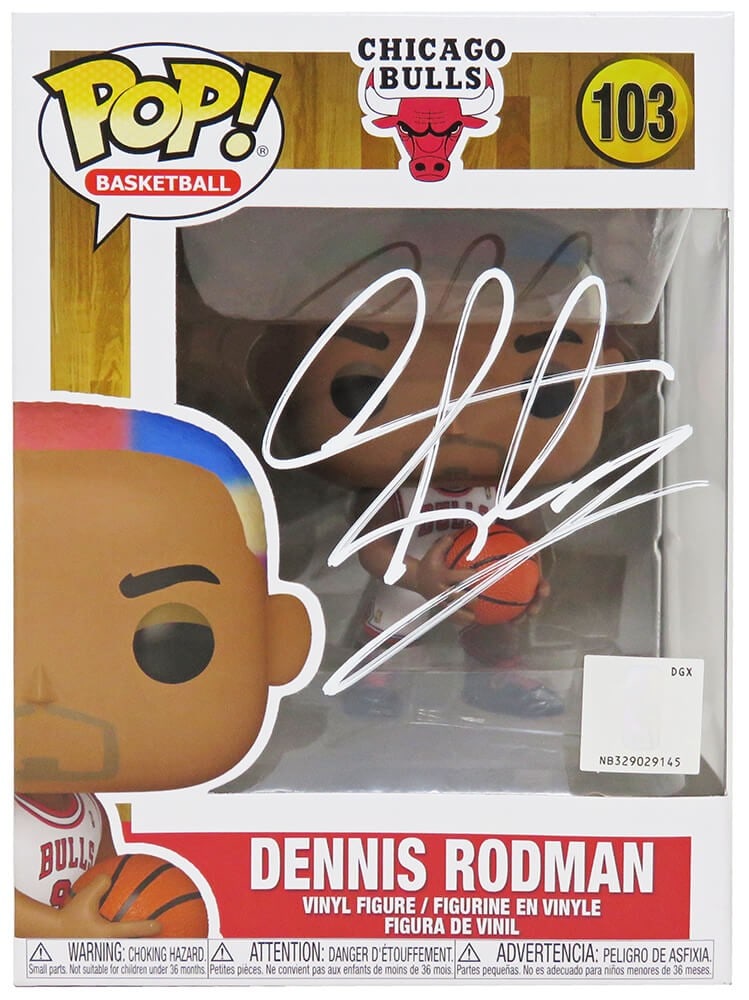 Chicago Bulls Funko Pop #103 signed by Dennis Rodman with COA: Chicago Bulls Funko Pop #103 signed by Dennis Rodman with COA Pre-owned Dennis Rodman signed Chicago Bulls Funko Pop doll #103. This original basketball collectible includes a tamper-proof numbered ho