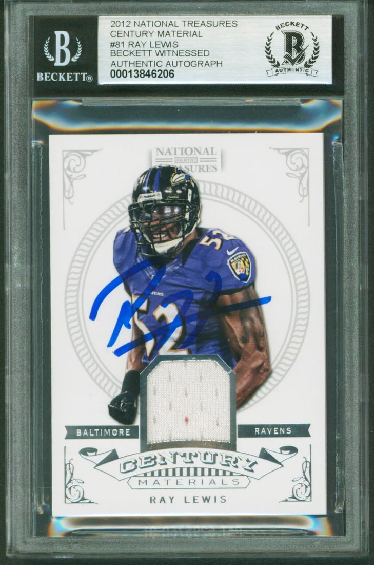 Ray Lewis 2012 National Treasures Century 81 Auto Card BAS Gem Mint 10: Ray Lewis 2012 National Treasures Century 81 Auto Card BAS Gem Mint 10 This 2012 National Treasures Century Material #81 football card features Ray Lewis of the Baltimore Ravens. The card is personall