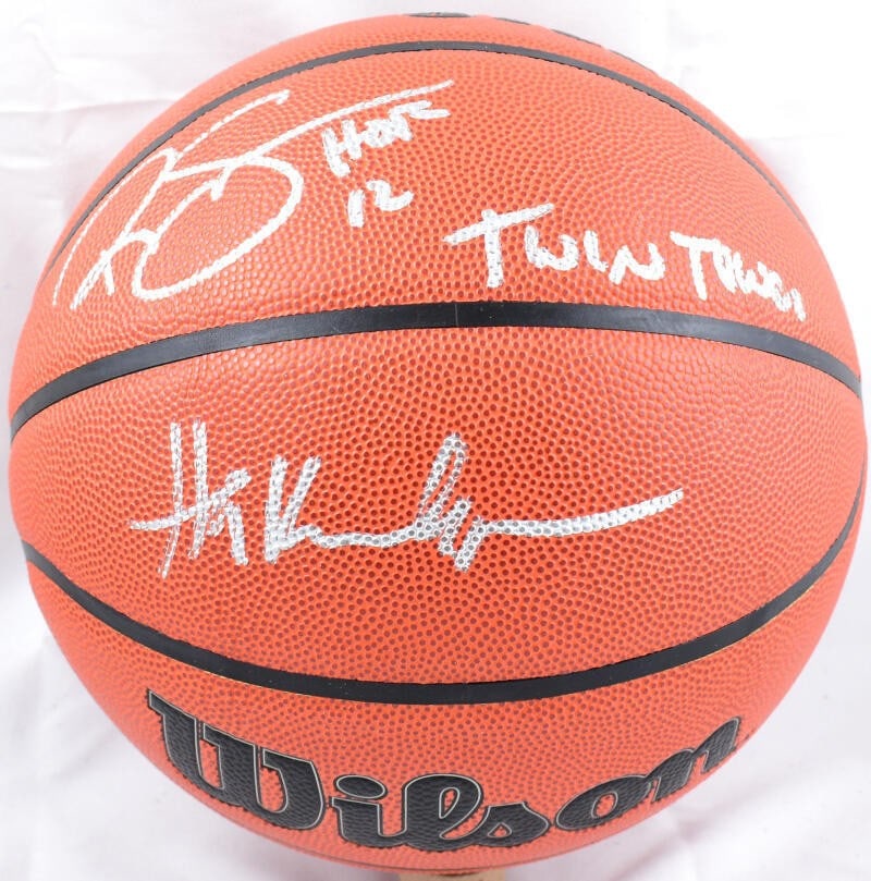 Wilson NBA Basketball Signed by Hakeem Olajuwon and Ralph Sampson Prova Silver: Wilson NBA Basketball Signed by Hakeem Olajuwon and Ralph Sampson Prova Silver Autographed Wilson NBA basketball featuring Ralph Sampson and Hakeem Olajuwon. This pre-owned basketball is associated wi