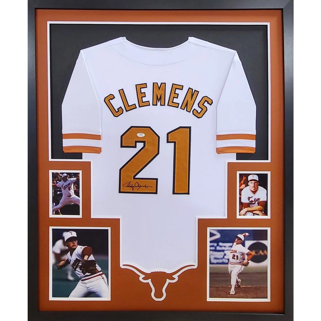 Framed Texas Longhorns Jersey Signed by Roger Clemens PSA DNA: Framed Texas Longhorns Jersey Signed by Roger Clemens PSA DNA Framed Roger Clemens autographed Texas Longhorns jersey with PSA/DNA authentication. Presented in a detailed display with UV-protected acr