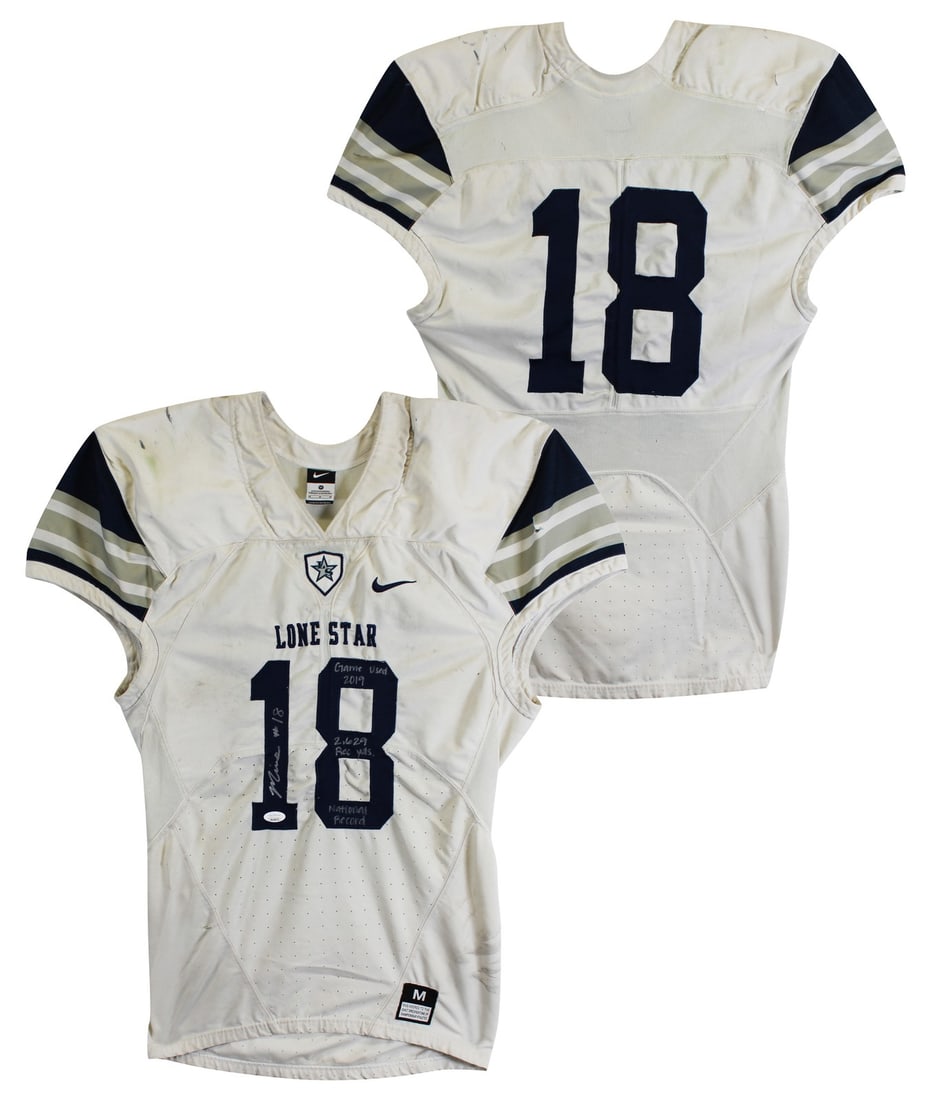 Marvin Mims signed game used Nike LSHS jersey with 3 inscriptions JSA: Marvin Mims signed game used Nike LSHS jersey with 3 inscriptions JSA Autographed game-used Lone Star High School white Nike authentic jersey personally signed by Marvin Mims. The jersey includes the 