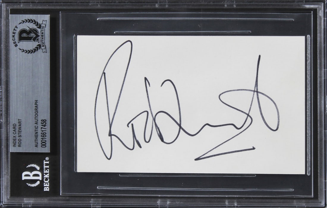 Rod Stewart autographed 3x5 index card Beckett authenticated slabbed: Rod Stewart autographed 3x5 index card Beckett authenticated slabbed Authentic Rod Stewart signed 3x5 index card. This original autograph is slabbed by Beckett Authentication Services and remains in p