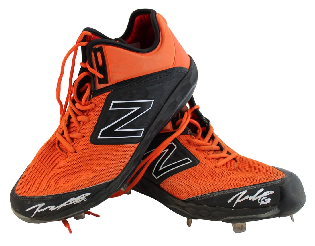 Signed game used New Balance cleats Dereck Rodriguez Giants Beckett: Signed game used New Balance cleats Dereck Rodriguez Giants Beckett Authentic signed game-used orange New Balance cleats associated with Dereck Rodriguez of the San Francisco Giants. The cleats are pe