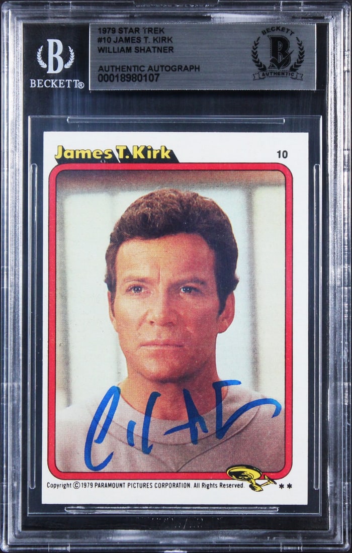 1979 Star Trek #10 James T. Kirk Card Signed by William Shatner Beckett Slabbed: 1979 Star Trek #10 James T. Kirk Card Signed by William Shatner Beckett Slabbed Pre-owned original 1979 Star Trek #10 James T. Kirk card personally signed by William Shatner. The card is slabbed and a