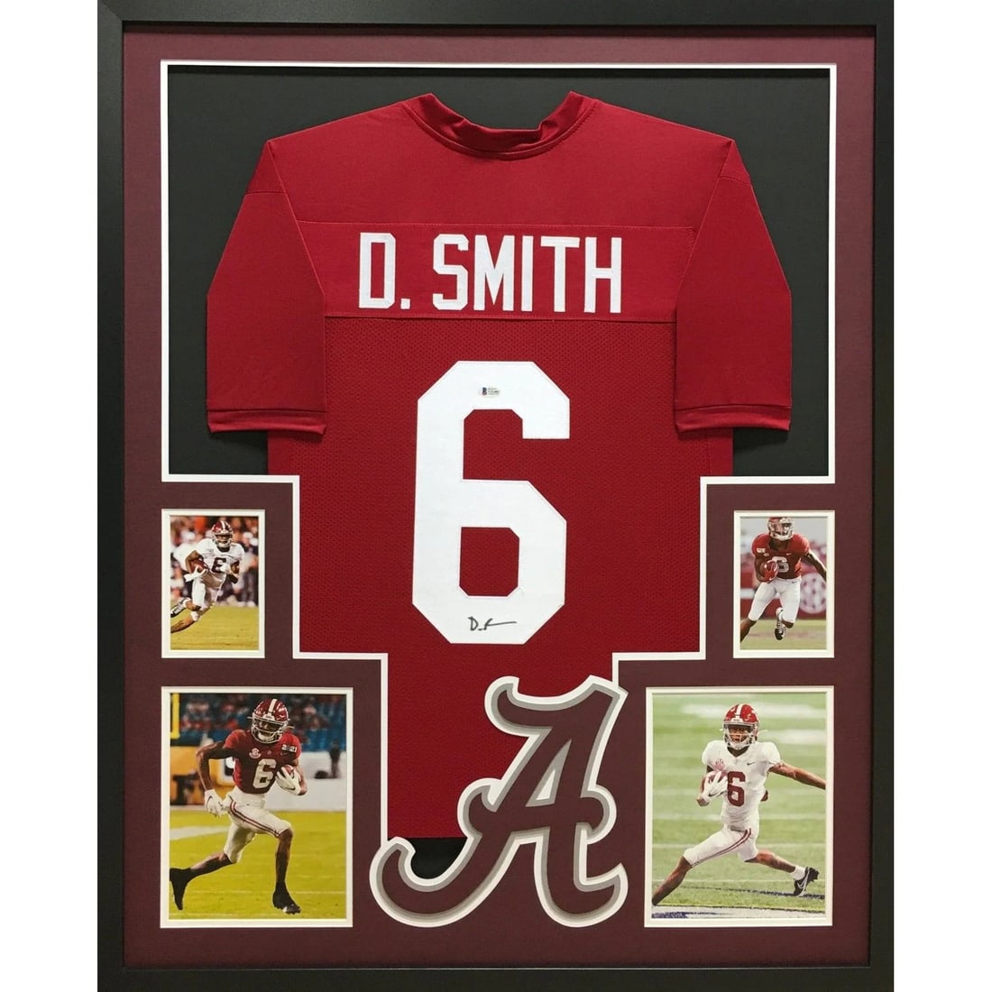 Framed Alabama Jersey Signed by DeVonta Smith Beckett Authenticated: Framed Alabama Jersey Signed by DeVonta Smith Beckett Authenticated Framed DeVonta Smith autographed Alabama jersey with detailed presentation and logo display. The autograph is authenticated by Becke