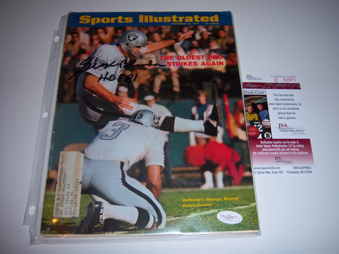 Signed Sports Illustrated Magazine George Blanda Oakland Raiders JSA COA: Signed Sports Illustrated Magazine George Blanda Oakland Raiders JSA COA Original Sports Illustrated magazine signed by George Blanda. This pre-owned football collectible is associated with the Oaklan