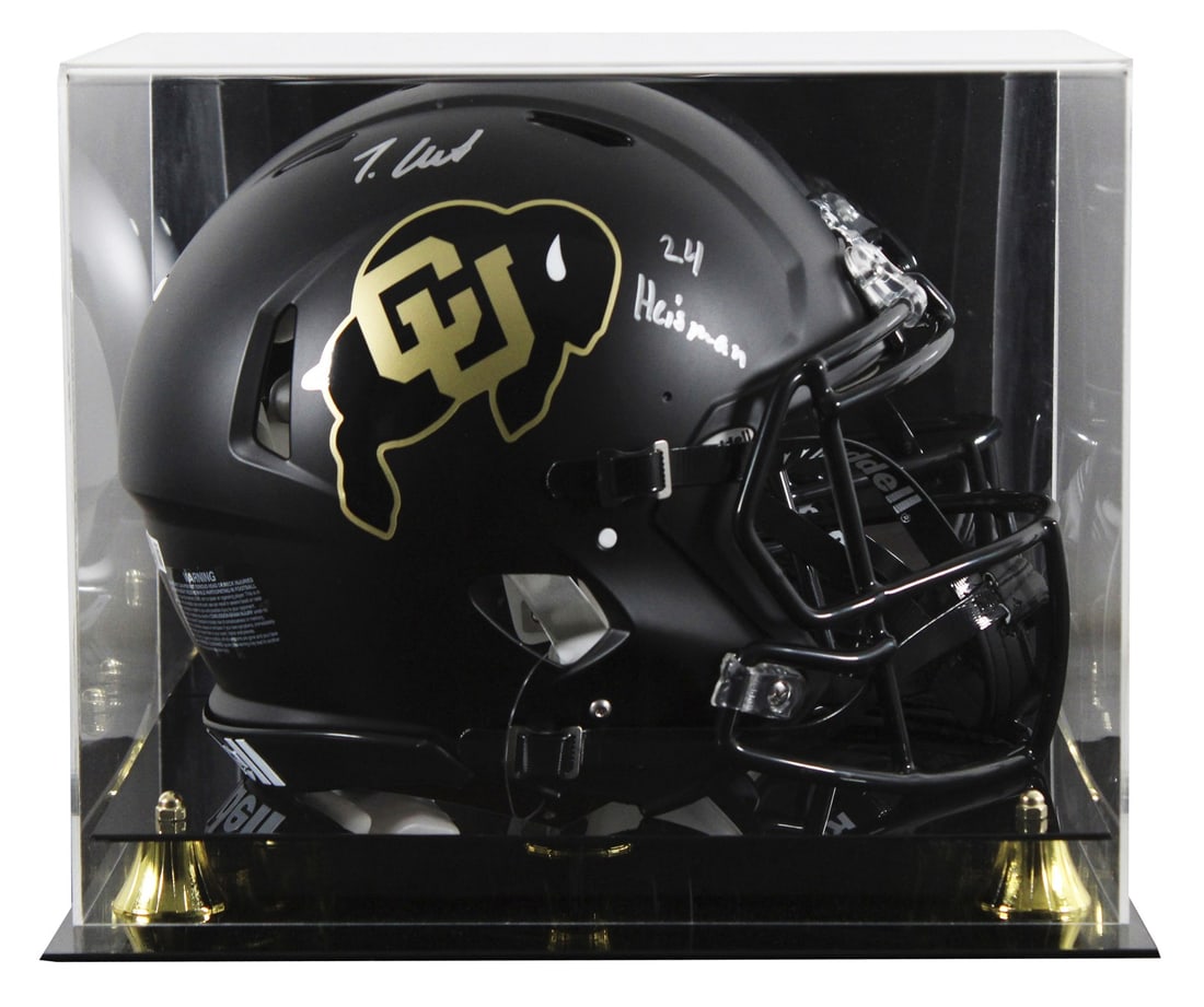 Travis Hunter signed Colorado Buffaloes Speed Proline helmet with case BAS: Travis Hunter signed Colorado Buffaloes Speed Proline helmet with case BAS Autographed Black Riddell full size Speed Proline helmet signed by Travis Hunter of the Colorado Buffaloes. The helmet includ