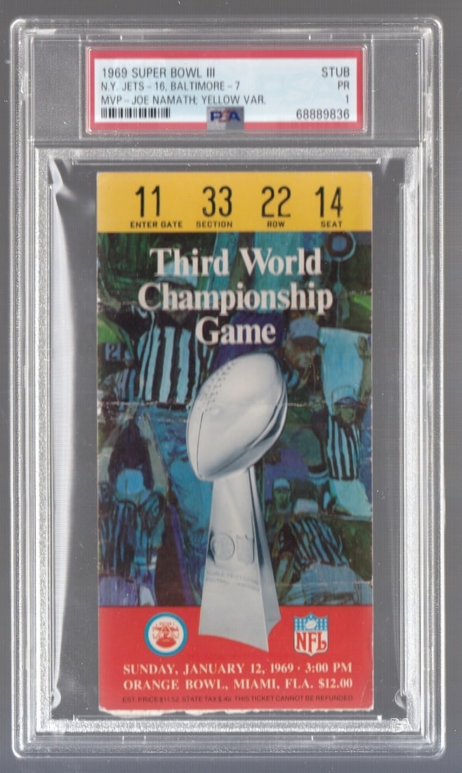 1969 Super Bowl III Ticket Stub Jets vs Colts Joe Namath MVP PSA 1 (1 of 2)