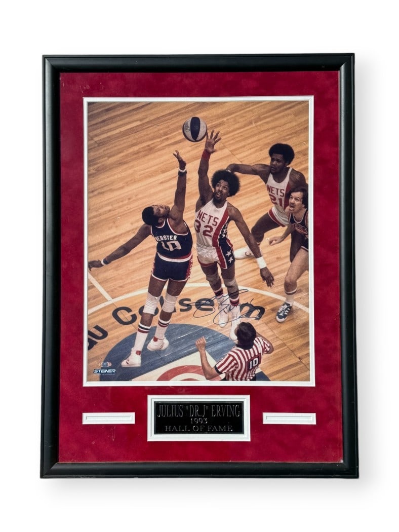 Framed 16x20 Julius Erving Autographed Nets Photo Steiner Authenticated: Framed 16x20 Julius Erving Autographed Nets Photo Steiner Authenticated Framed 16x20 original photo signed by Julius Erving, featuring a New Jersey Nets tip-off image. This pre-owned piece comes with 