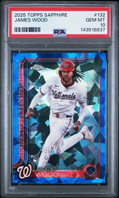 PSA 10 James Wood 2025 Topps Chrome Sapphire Rookie Card #132: PSA 10 James Wood 2025 Topps Chrome Sapphire Rookie Card #132 Graded 2025 Topps Chrome Sapphire James Wood #132 rookie sports trading card. This multicolor paper card features James Wood of the Washin