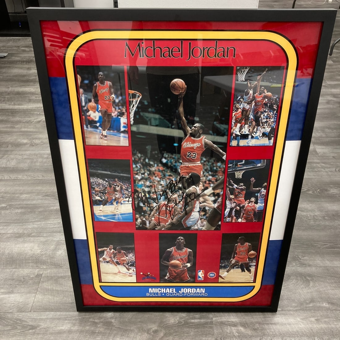 Beckett BAS Michael Jordan autographed 1986-87 Starline rookie poster: Beckett BAS Michael Jordan autographed 1986-87 Starline rookie poster Original Michael Jordan signed 1986-87 Starline poster featuring a large rookie-era signature. The piece is custom framed in a col