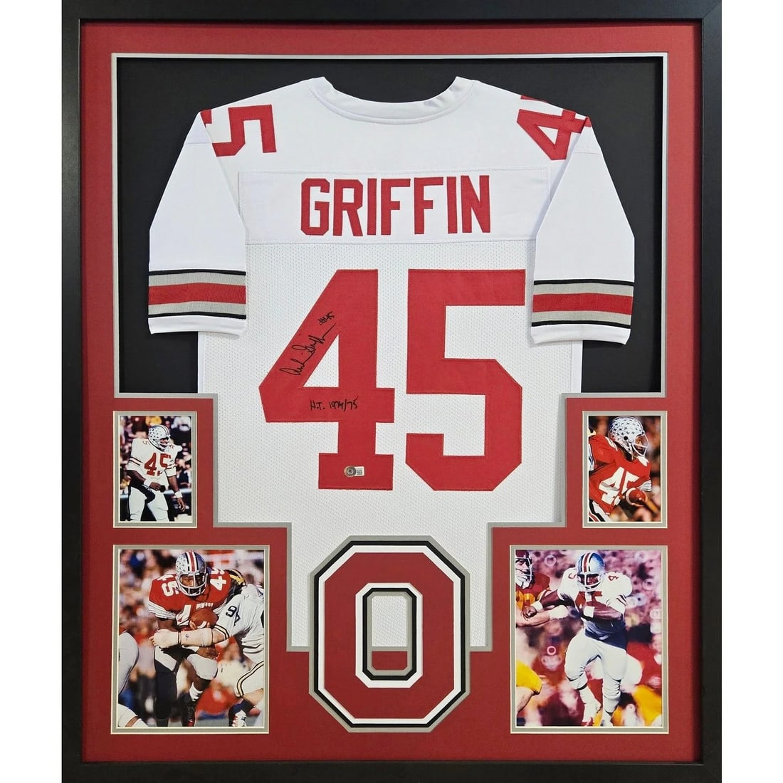 Framed Ohio State OSU White Jersey Signed by Archie Griffin Beckett: Framed Ohio State OSU White Jersey Signed by Archie Griffin Beckett Framed white Ohio State OSU jersey signed by Archie Griffin. This autographed display features detailed framing with a logo presenta
