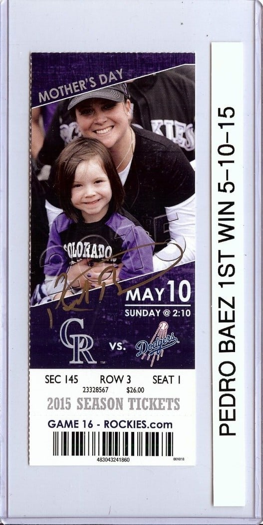 Pedro Baez autographed Dodgers ticket stub May 10 2015 JSA: Pedro Baez autographed Dodgers ticket stub May 10 2015 JSA Original Pedro Baez autographed ticket stub from the Los Angeles Dodgers' first win on 5-10-15. Signed and authenticated by James Spence Auth