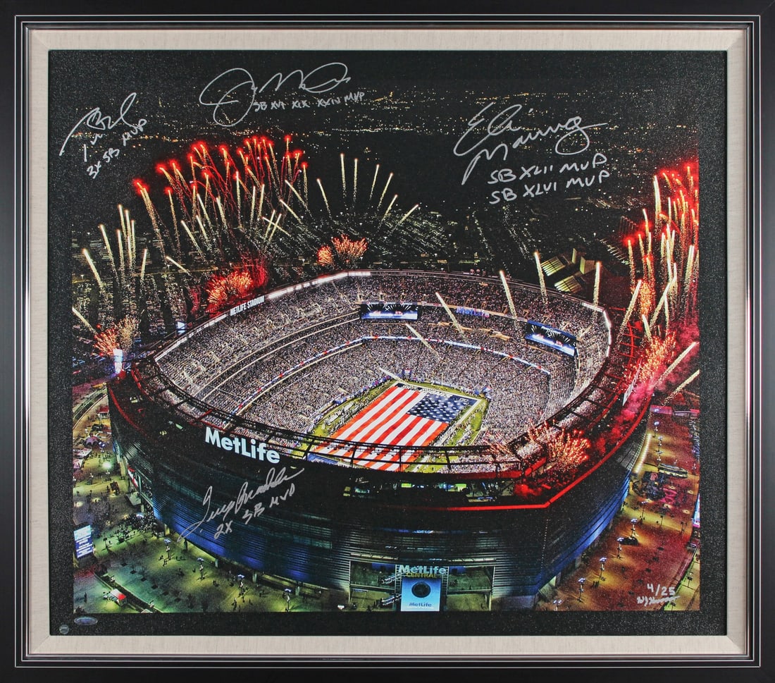 Beckett Signed Framed Metlife Stadium Canvas Brady Montana Bradshaw Manning: Beckett Signed Framed Metlife Stadium Canvas Brady Montana Bradshaw Manning This limited edition framed canvas features original autographs from Super Bowl MVPs Tom Brady, Joe Montana, Terry Bradshaw,