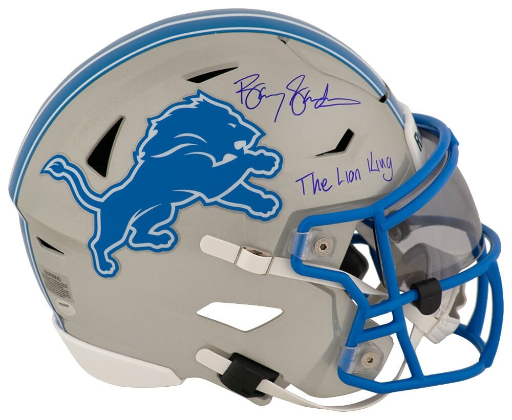 Detroit Lions SpeedFlex Mid-Size Helmet Signed by Barry Sanders with Lion King Inscription: Detroit Lions SpeedFlex Mid-Size Helmet Signed by Barry Sanders with Lion King Inscription This Detroit Lions Riddell mid-size SpeedFlex helmet is hand-signed by Barry Sanders and features 'The Lion K