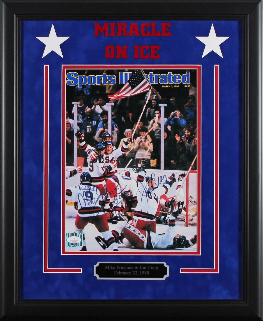 Framed signed magazine cover Jim Craig Mike Eruzione JSA II81410 (1 of 2)