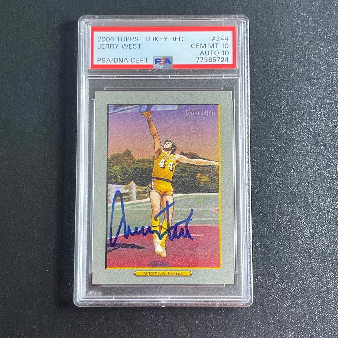 Jerry West autographed 2006 Topps Turkey Red 244 PSA 10 card: Jerry West autographed 2006 Topps Turkey Red 244 PSA 10 card 2006 Topps Turkey Red #244 sports trading card featuring Jerry West and authenticated by PSA/DNA. This original basketball card is signed b
