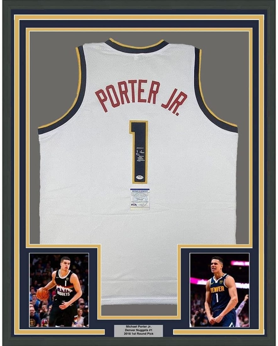 Michael Porter Jr Signed Framed White Jersey 35x39 PSA DNA: Michael Porter Jr Signed Framed White Jersey 35x39 PSA DNA Professionally framed and matted white Michael Porter Jr. autographed jersey display featuring two 5x7 photos. This original basketball memor