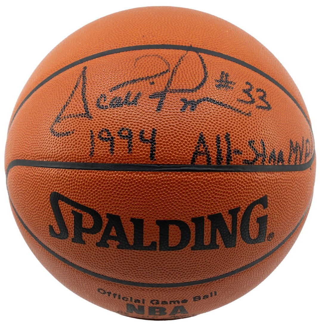 Scottie Pippen Autographed Spalding NBA Basketball 1994 All Star MVP JSA LOA: Scottie Pippen Autographed Spalding NBA Basketball 1994 All Star MVP JSA LOA Official NBA game basketball signed by Scottie Pippen and inscribed "1994 All-Star MVP." This original autographed Spalding