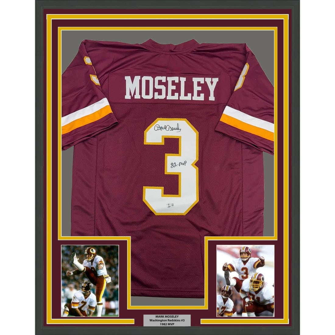 Mark Moseley signed framed football jersey 35x39 Beckett COA: Mark Moseley signed framed football jersey 35x39 Beckett COA Professionally framed and matted autographed Mark Moseley jersey display featuring two 5x7 photos. This original football memorabilia piece