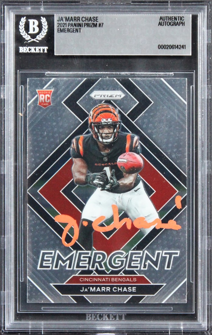 Beckett slabbed Ja'Marr Chase autographed 2021 Panini Prizm Emergent rookie card: Beckett slabbed Ja'Marr Chase autographed 2021 Panini Prizm Emergent rookie card Autographed 2021 Panini Prizm Emergent #7 rookie card featuring Ja'Marr Chase of the Cincinnati Bengals. The card is sl