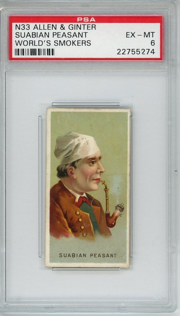 PSA 6 1888 Allen and Ginter N33 Suabian Peasant Trading Card: PSA 6 1888 Allen and Ginter N33 Suabian Peasant Trading Card Graded 1888 Allen & Ginter World's Smokers N33 Suabian Peasant card, encapsulated by PSA. This pre-owned vintage sports trading card is fro