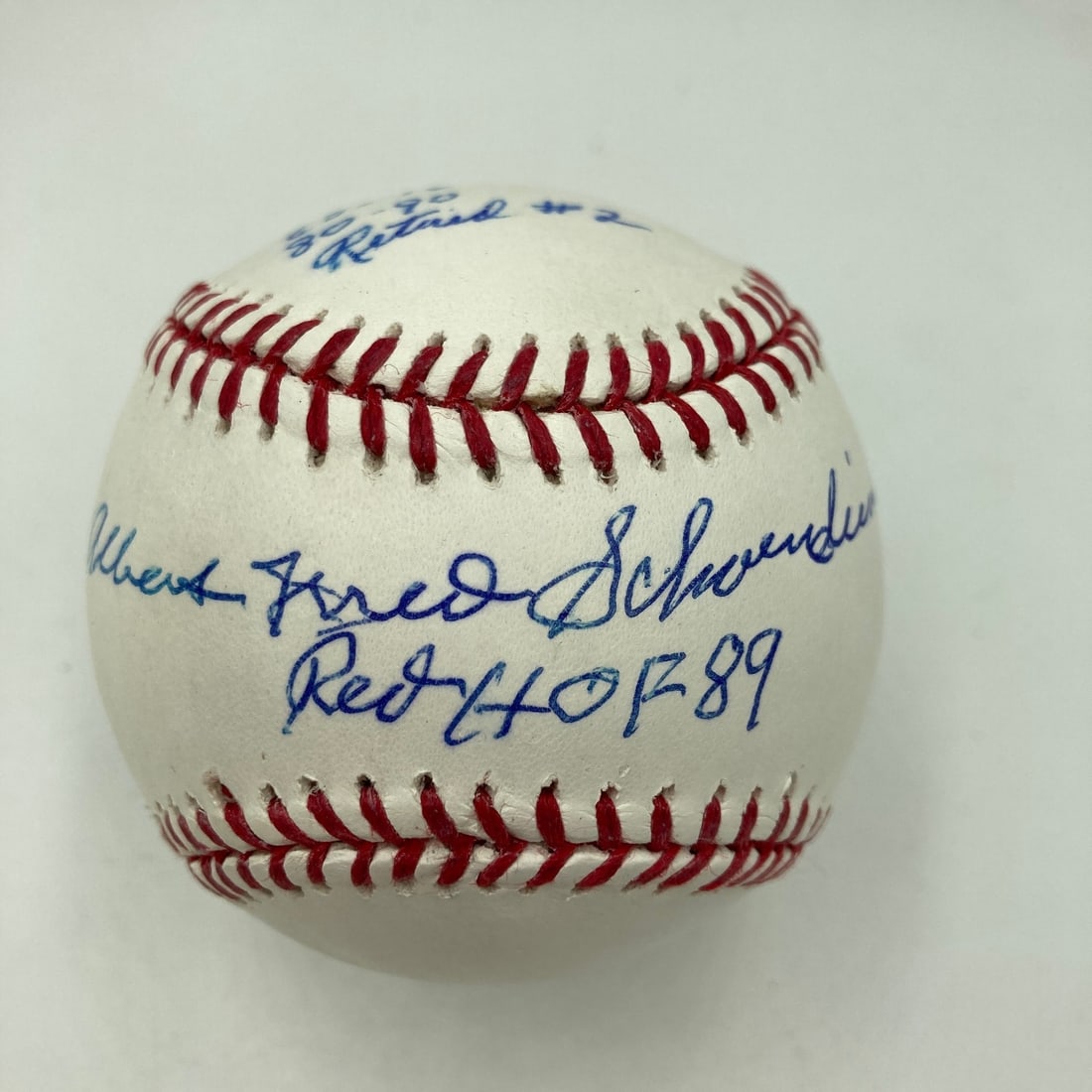 Autographed Stat Baseball by Red Schoendienst with Full Name JSA: Autographed Stat Baseball by Red Schoendienst with Full Name JSA Original baseball signed by Red Schoendienst with his full name and heavy stat inscriptions. Pre-owned and authenticated by James Spenc