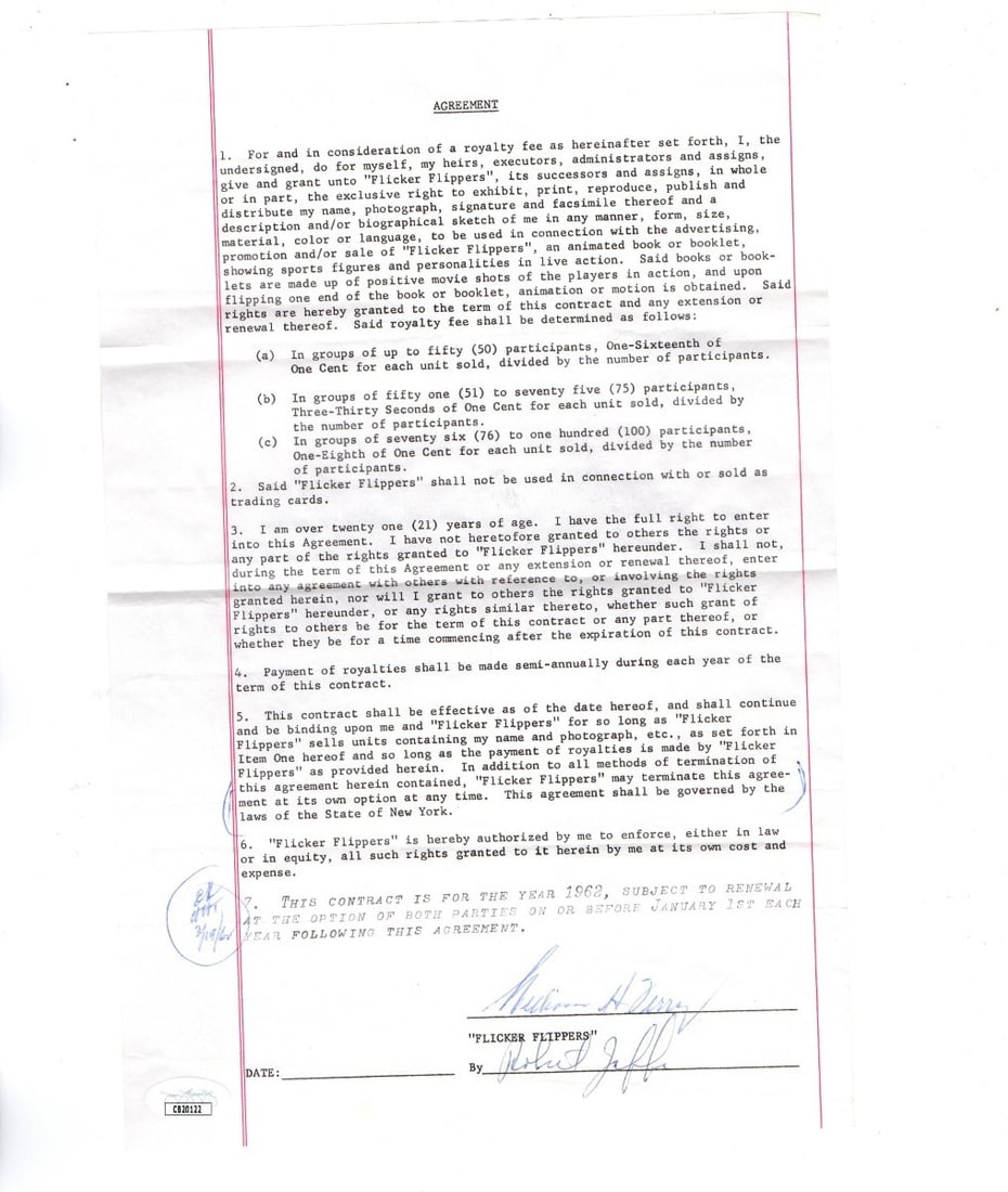 Original Bill Terry autographed 1962 contract JSA New York Giants HOF: Original Bill Terry autographed 1962 contract JSA New York Giants HOF Original signed contract autographed by Bill Terry, Hall of Famer and New York Giants player. This pre-owned collectible is authen