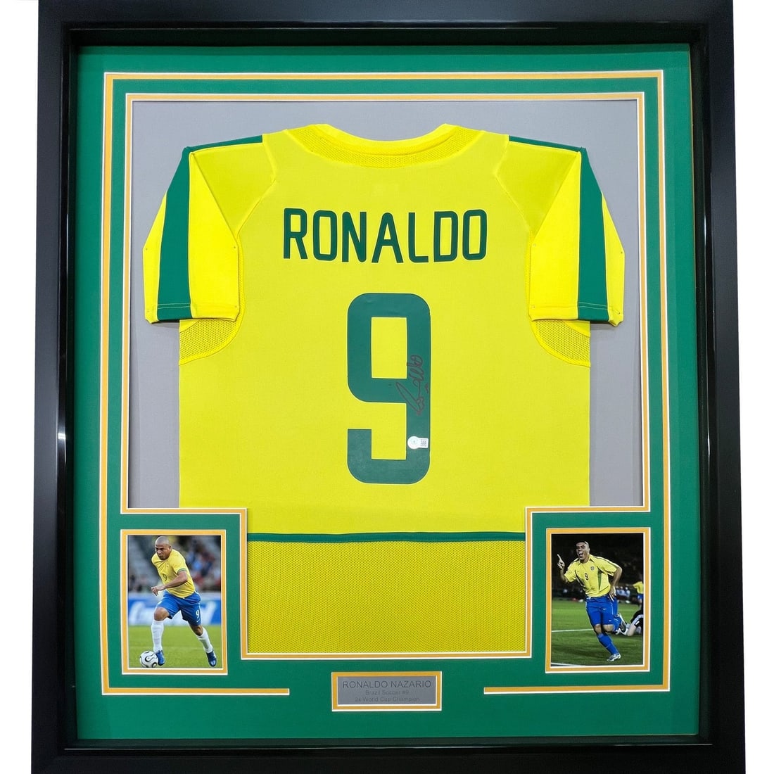 Ronaldo Nazario signed Brazil soccer jersey framed 35x39 Beckett COA: Ronaldo Nazario signed Brazil soccer jersey framed 35x39 Beckett COA Professionally framed and matted original Ronaldo Nazario signed Brazil jersey display with two 5x7 photos. This pre-owned soccer c