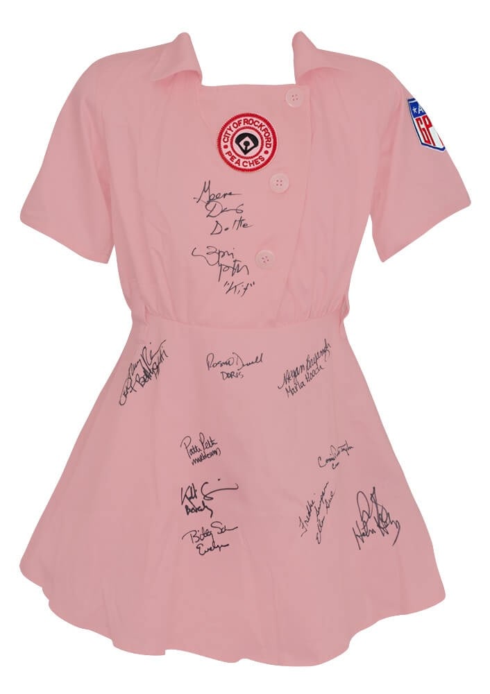 Rockford Peaches Pink Jersey Signed by 11 A League of Their Own Cast Members: Rockford Peaches Pink Jersey Signed by 11 A League of Their Own Cast Members Original Rockford Peaches pink costume baseball jersey from A League Of Their Own, signed by 11 cast members from the film.