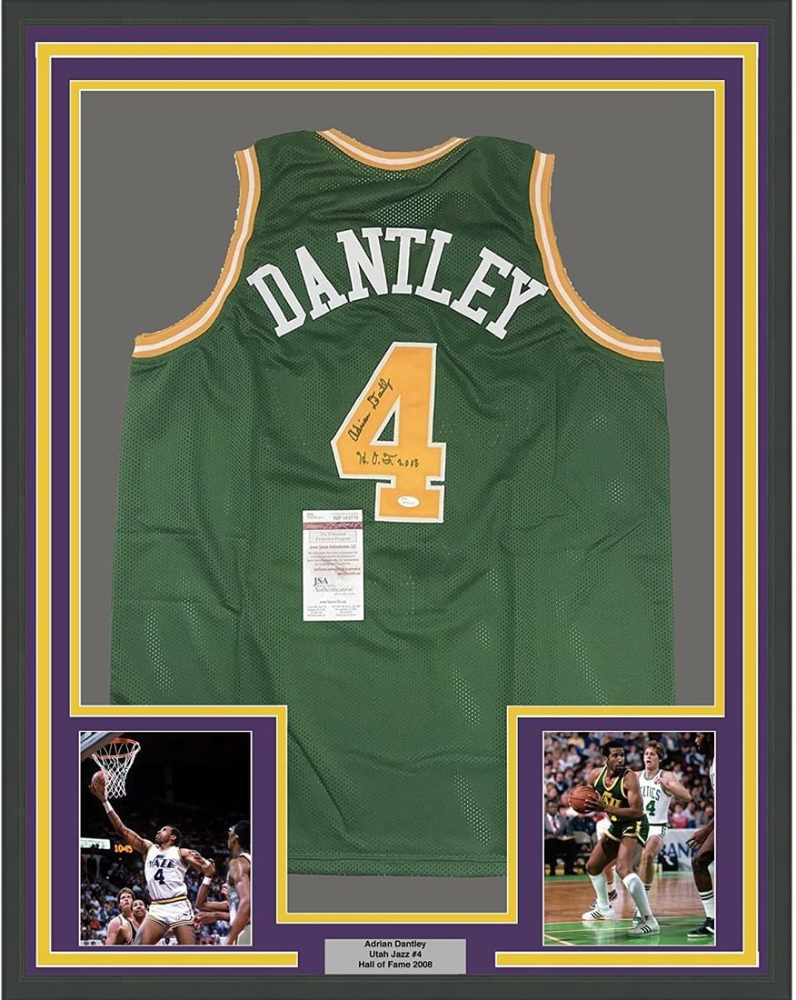 Adrian Dantley Autographed Utah Jazz Green Framed Jersey 35x39 JSA: Adrian Dantley Autographed Utah Jazz Green Framed Jersey 35x39 JSA Professionally framed and matted signed Adrian Dantley Utah Jazz green jersey with two 5x7 photos. This original basketball display i