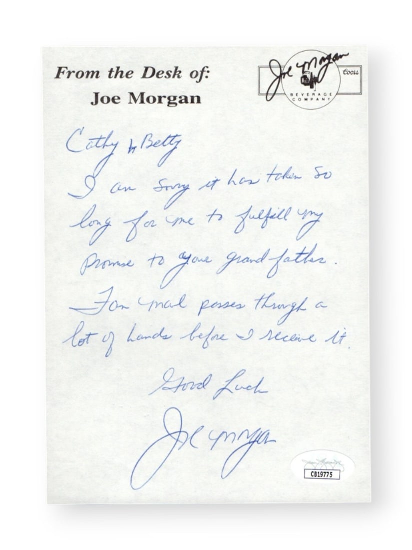 Original handwritten signed Joe Morgan letter JSA Cincinnati Reds HOF (1 of 2)